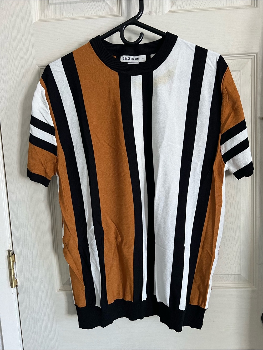 Grace Karin Mens Striped Short Sleeve Top in Brown, Black & White L
